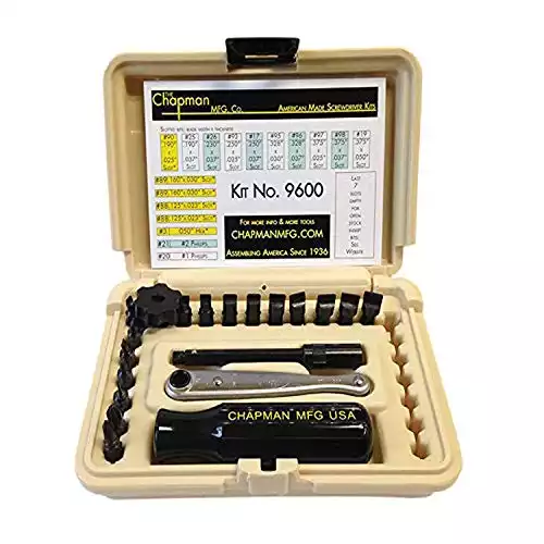 Chapman MFG 9600 Starter Slotted Screwdriver Set - 20 Pieces - Includes 14 Slotted Head Insert Bits, 2 Phillips, Mini Ratchet, Screwdriver Handle, Extension + Open Slots, USA Made (Desert Tan Case)