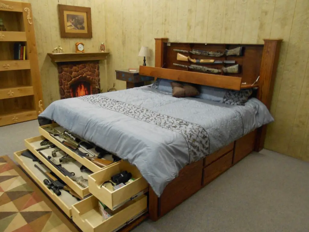 bed with hidden compartments in the headboard and other areas for gun hiding